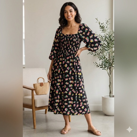 Scoop Dresses & Skirts - Scoop Floral Smocked Midi Dress Womens XL Black Multi Cottagecore Romantic